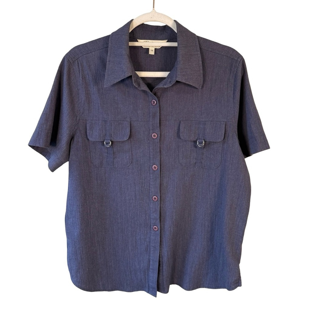 Tradition Blue Short Sleeve Utility Button-Up Shirt Size 14 Classic Minimalist